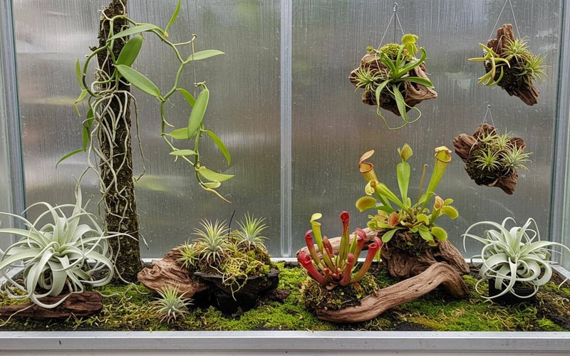 Collection of unusual greenhouse plants including vanilla orchid, carnivorous plants, and air plants display.