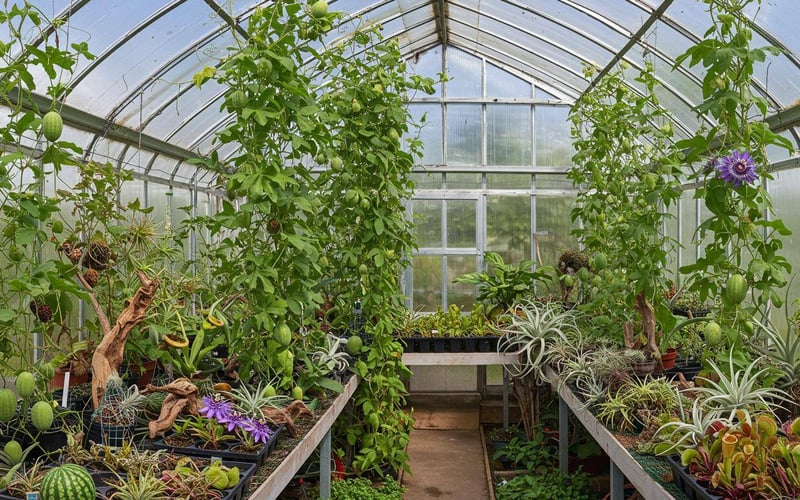 Colorful exotic plants growing in UK greenhouse including cucamelons, passionflower, and tropical varieties.