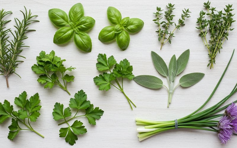 Visual guide showing common UK herb varieties with leaves and flowers including basil, rosemary, thyme, sage, parsley and chives for easy identification