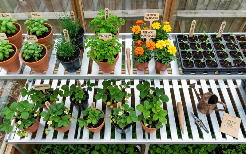 Greenhouse staging shelves with companion planting herbs in pots, seed trays and strawberry plants