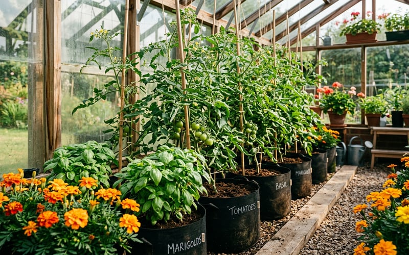 Tomatoes growing alongside basil and French marigolds in a greenhouse, showing companion planting in grow bags