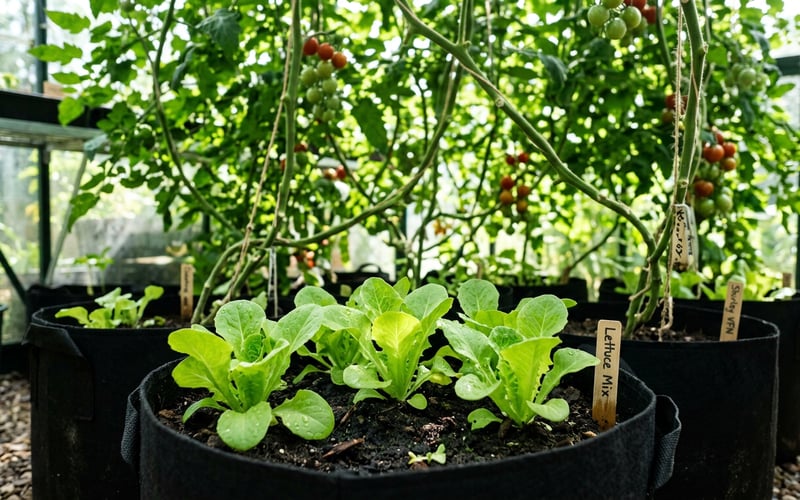 Lettuce seedlings growing in the shade beneath tall tomato plants inside a greenhouse