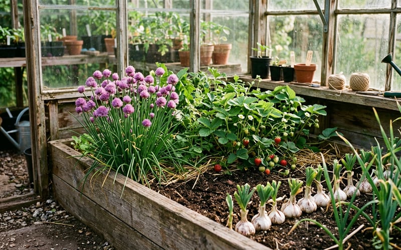 Raised bed inside a greenhouse with flowering chives next to strawberry plants and garlic at the edge