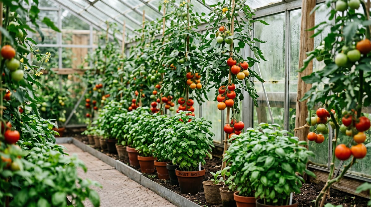 Sweet basil (Ocimum basilicum) plants in pots arranged at the base of staked tomato plants inside a UK greenhouse