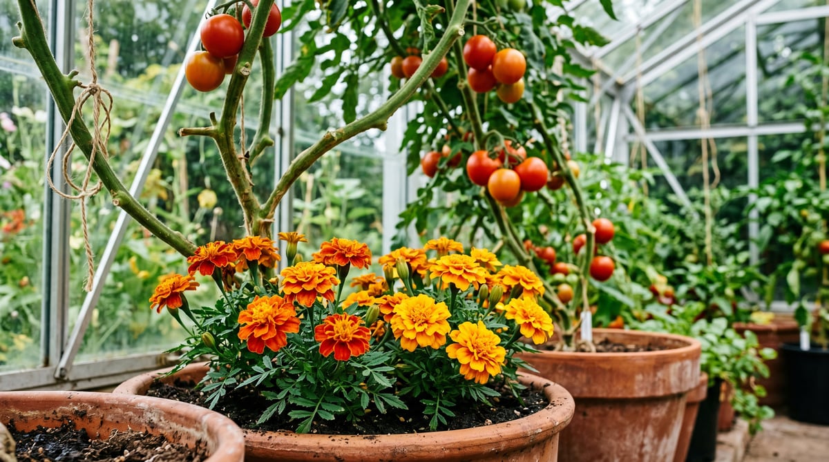 Bright orange and yellow French marigolds (Tagetes patula) planted in terracotta pots at the base of tomato plants inside a UK greenhouse as a whitefly repellent