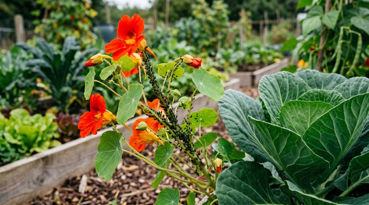 Red and orange nasturtium flowers acting as aphid trap crop in a UK kitchen garden with clusters of aphids on the stems and clean cabbage leaves nearby
