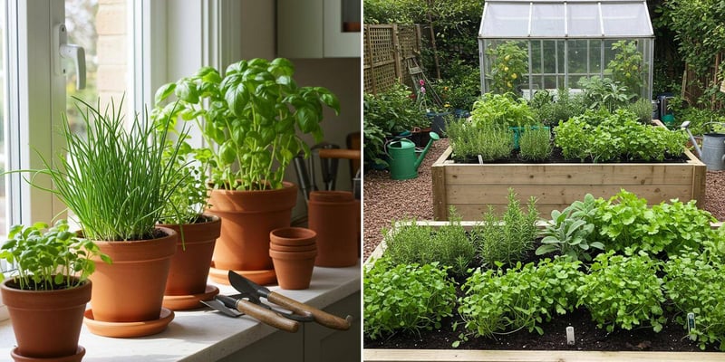 Complete herb garden setup showing indoor windowsill herbs and outdoor raised bed with various culinary herbs growing in UK garden setting