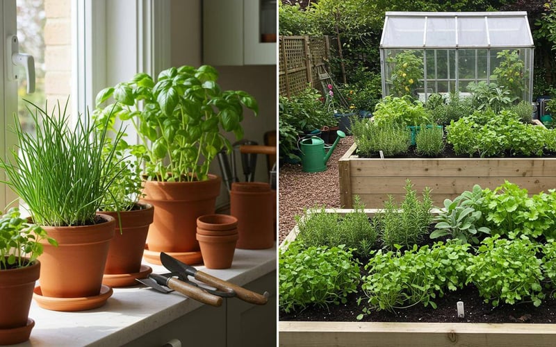 Complete herb garden setup showing indoor windowsill herbs and outdoor raised bed with various culinary herbs growing in UK garden setting