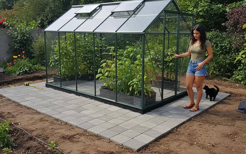 Completed paving slab greenhouse base showing proper drainage gaps and level installation ready for greenhouse assembly