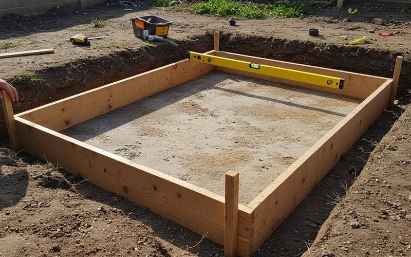 Completed wooden formwork frame with spirit level checking perfect horizontal alignment for concrete base.