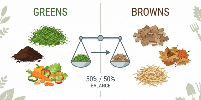 A simple visual diagram showing a 50/50 balance between green nitrogen-rich materials and brown carbon-rich materials for composting.