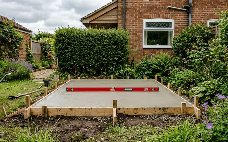 Freshly poured concrete greenhouse base with timber formwork in a UK garden ready for greenhouse installation