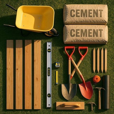 Essential tools and materials for building a concrete greenhouse base including spirit level, wheelbarrow, and concrete mix