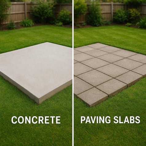 Side-by-side comparison showing a concrete base and paving slab base for greenhouses