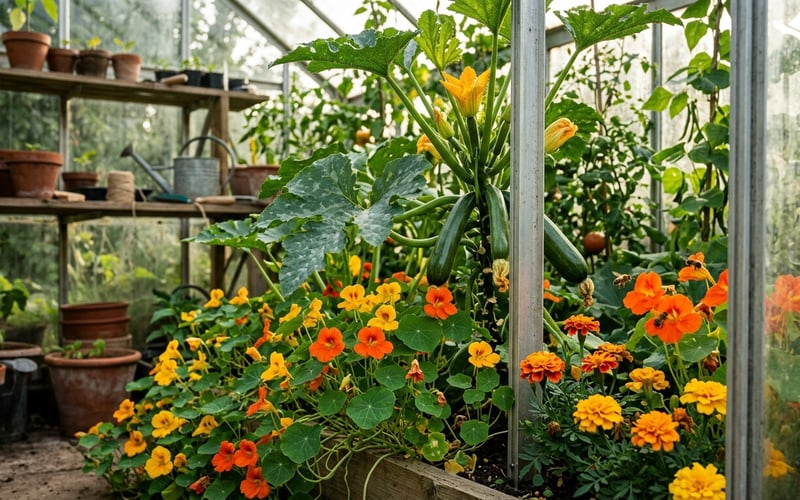 Courgette plants growing alongside nasturtiums and French marigolds as companion plants in a greenhouse