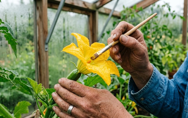 Hand pollinating a bright yellow courgette flower with a paintbrush inside a greenhouse