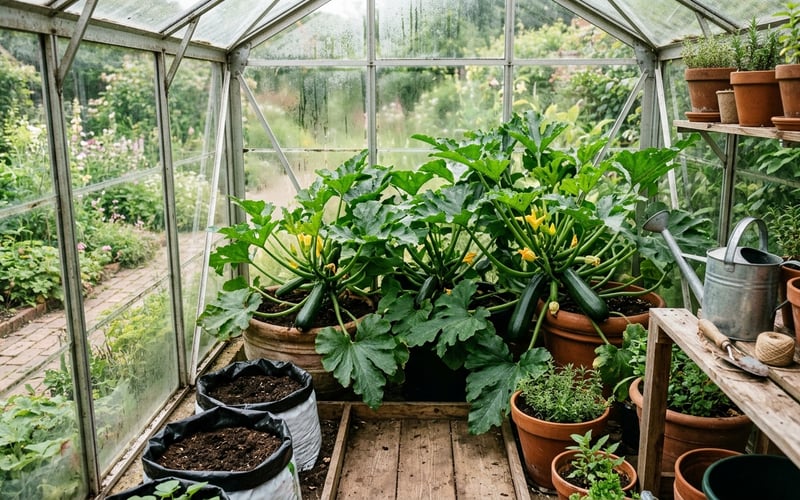 Healthy courgette plants growing in a greenhouse with large green leaves and developing fruits