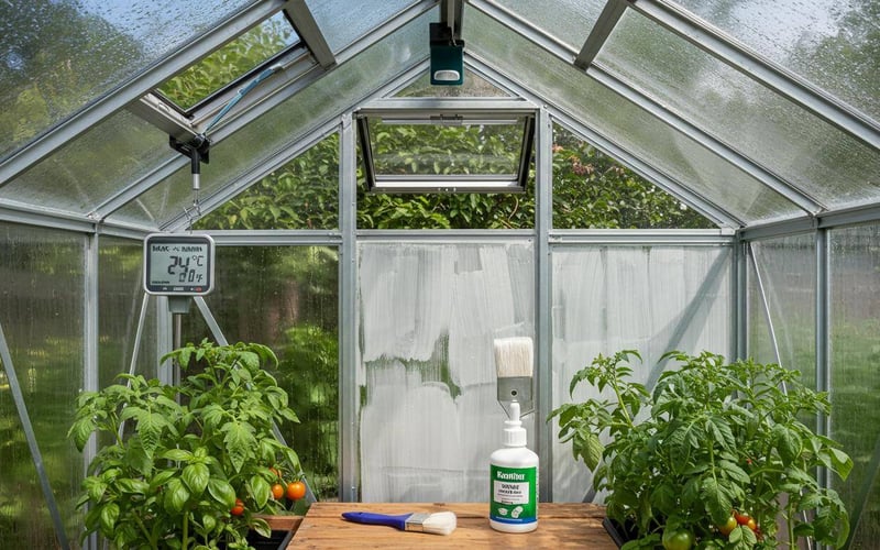 Essential equipment for August greenhouse growing - thermometer, vent openers, shade paint