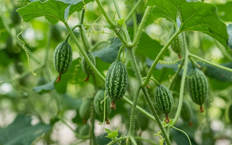 Cucamelons (mouse melons) growing on vines in greenhouse showing miniature watermelon appearance.