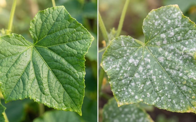 Split image showing a healthy cucumber leaf versus one with powdery mildew.