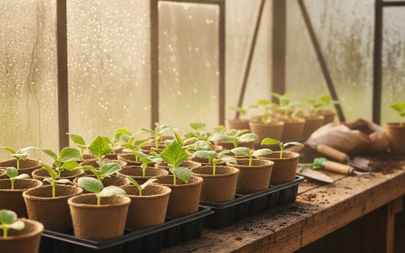 Young cucumber seedlings in biodegradable pots on a greenhouse potting bench