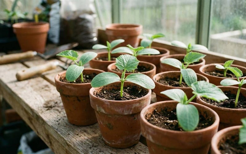 Cucumber seedlings in small pots on a potting bench, showing first true leaves.