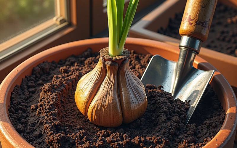 Dahlia tuber sprouting pink shoots in a pot on greenhouse staging