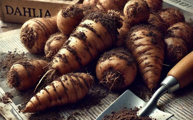 Dahlia tubers being prepared for potting in spring