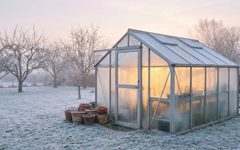 Inside a warm greenhouse in winter with bubble wrap insulation on glass and a heater protecting overwintering plants