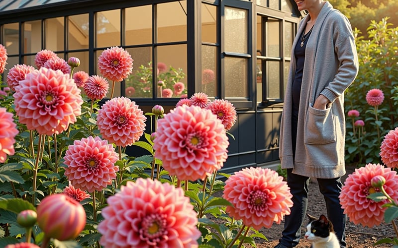 Colourful potted dahlias growing next to an aluminium greenhouse