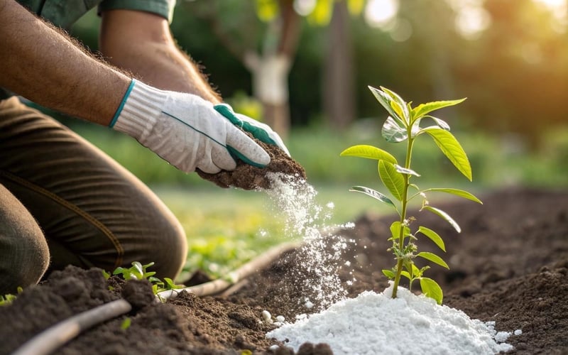 Applying diatomaceous earth along garden edging on a dry day