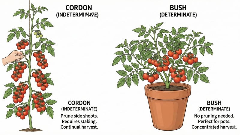 Diagram showing a tall cordon tomato plant next to a short bush tomato plant in pots