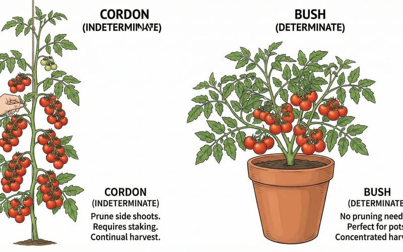 Diagram comparing a tall cordon tomato plant with a short bush tomato