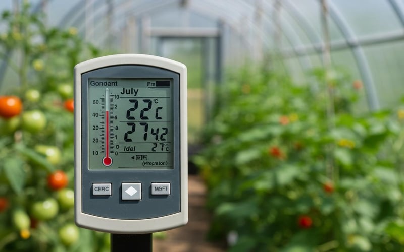 Digital thermometer showing ideal greenhouse temperature range for July ventilation