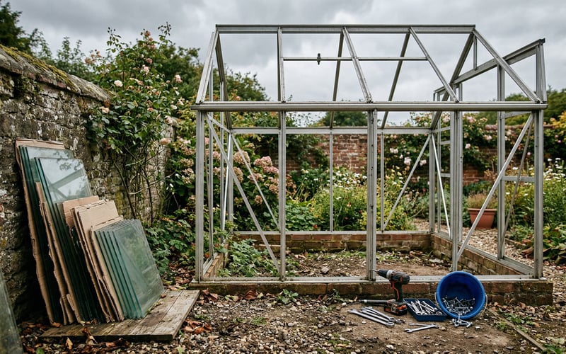 Bare aluminium greenhouse frame with all glass panes removed ready for dismantling