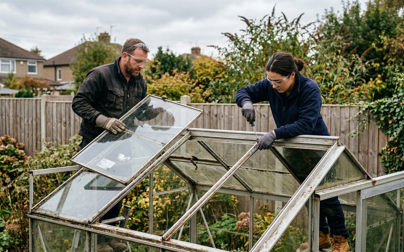 How to dismantle a greenhouse UK - two people removing roof glass panes from an aluminium greenhouse