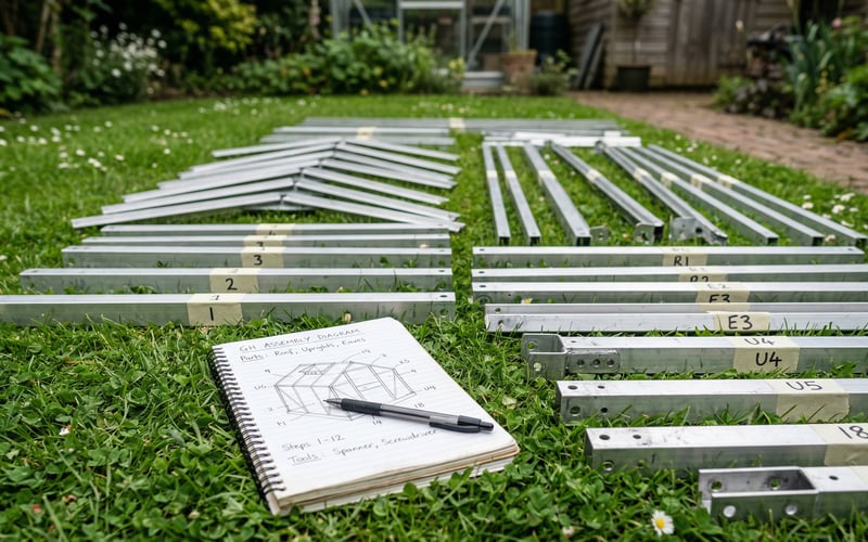 Labelled aluminium greenhouse frame sections with masking tape numbers laid out on garden lawn