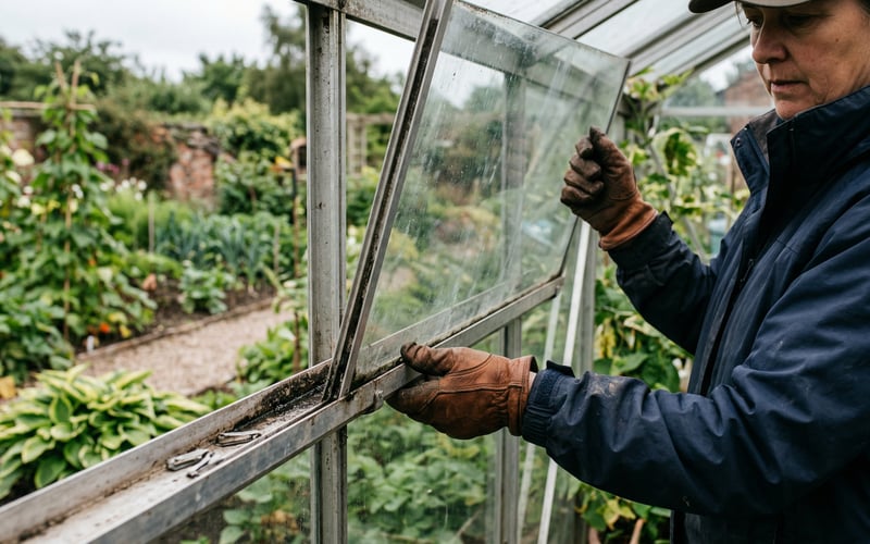 Removing greenhouse glass panes carefully with thick leather gloves during dismantling