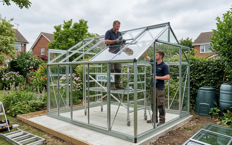 New replacement Vitavia greenhouse being installed on an existing base after old greenhouse removal