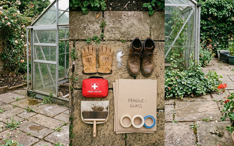 Safety equipment for dismantling a greenhouse - gloves, safety glasses, boots and tools laid out