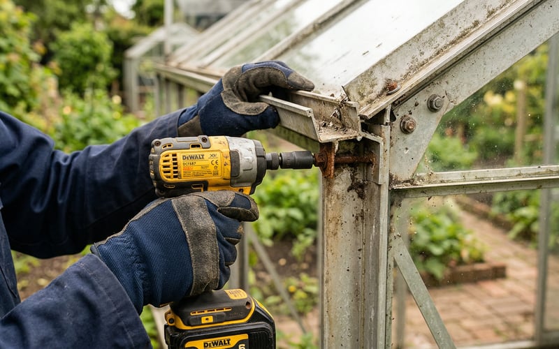 Using a cordless drill to unbolt corroded aluminium greenhouse frame sections during dismantling