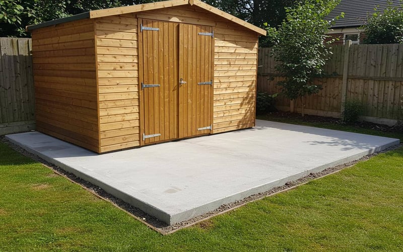 Finished garden shed on professional concrete base.