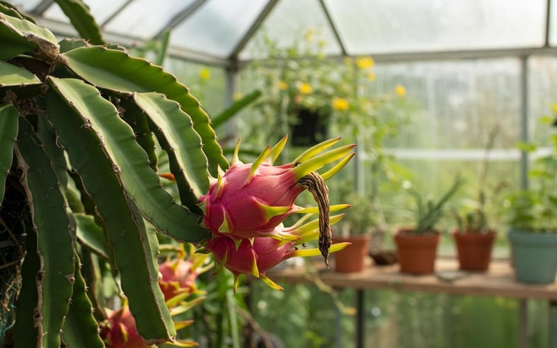 Dragon fruit Hylocereus undatus climbing cactus with developing fruit.