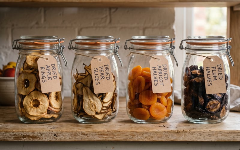 Four Kilner glass storage jars labelled dried apple rings, dried pear slices, dried apricot halves and dried plum halves on a pale wooden pantry shelf