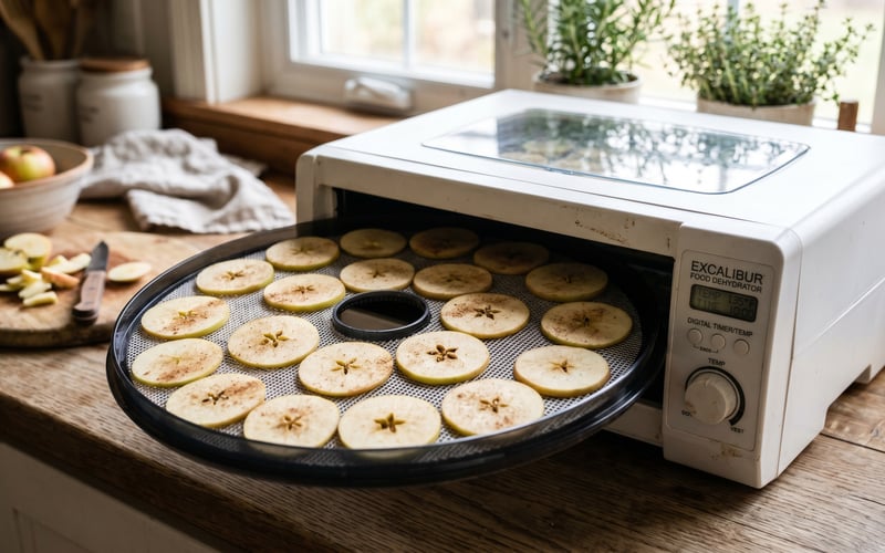 Apple rings on a circular dehydrator tray with the unit on a wooden kitchen worktop showing the digital timer and a bowl of fresh apples to one side