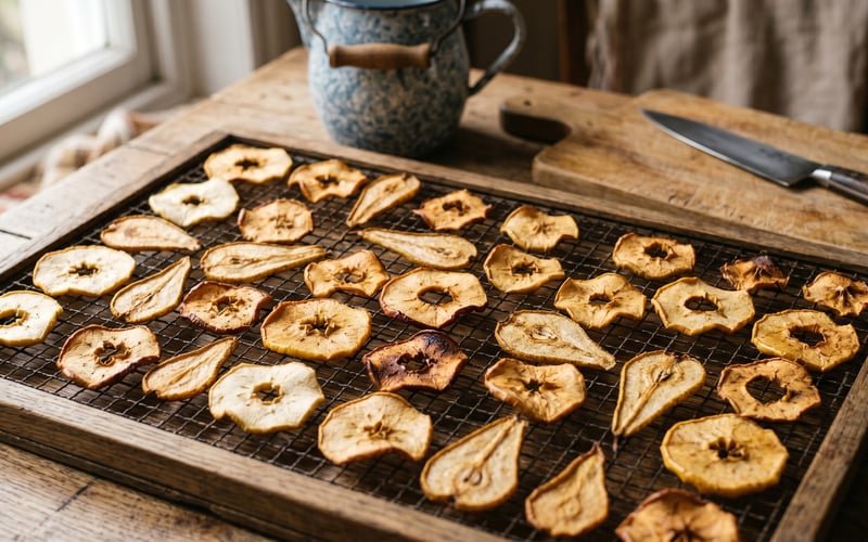 Wooden cooling rack of dried apple rings and pear half-slices on a kitchen worktop with antique enamel jug and chopping board