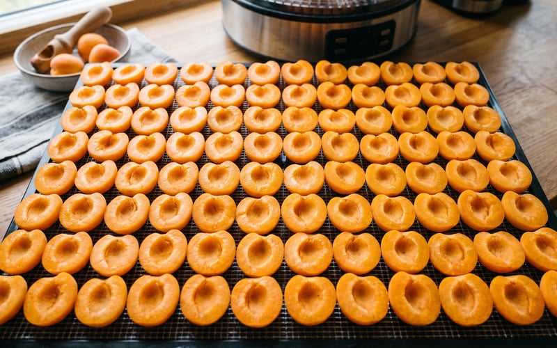 Halved fresh apricots laid cut-side up on a circular mesh dehydrator tray with stones removed showing the bright orange flesh and small depression where each stone was