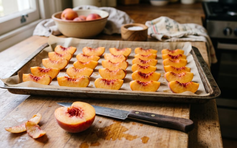 Fresh peach half-slices arranged on a baking tray lined with greaseproof paper showing the reddish blush where the stone was and the smooth peeled cut faces ready for oven drying