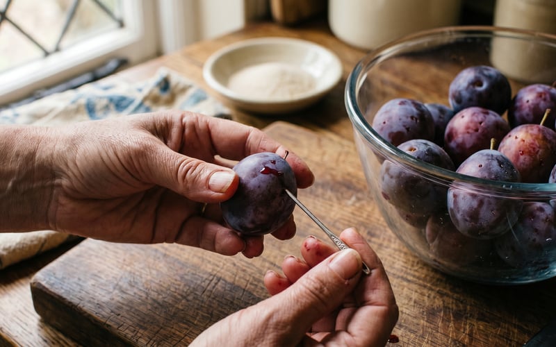 A hand pricking a fresh Victoria plum with a small sterling-silver needle to break the skin before drying, glass bowl of pricked plums alongside on a wooden chopping board