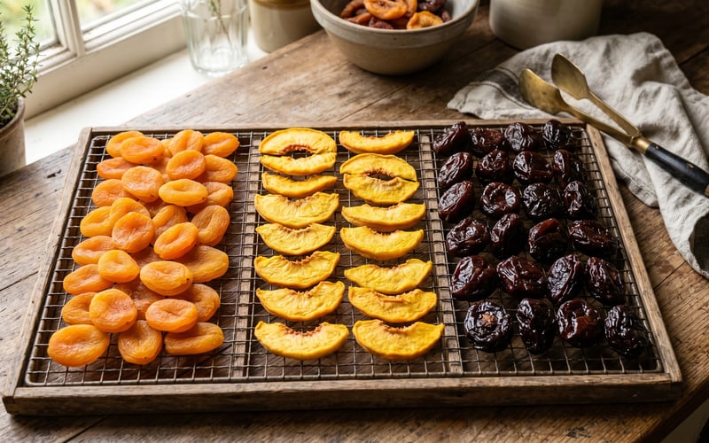 Cooling rack of dried orange apricot halves yellow peach slices and dark mahogany plum prunes on a wooden kitchen worktop in autumn light
